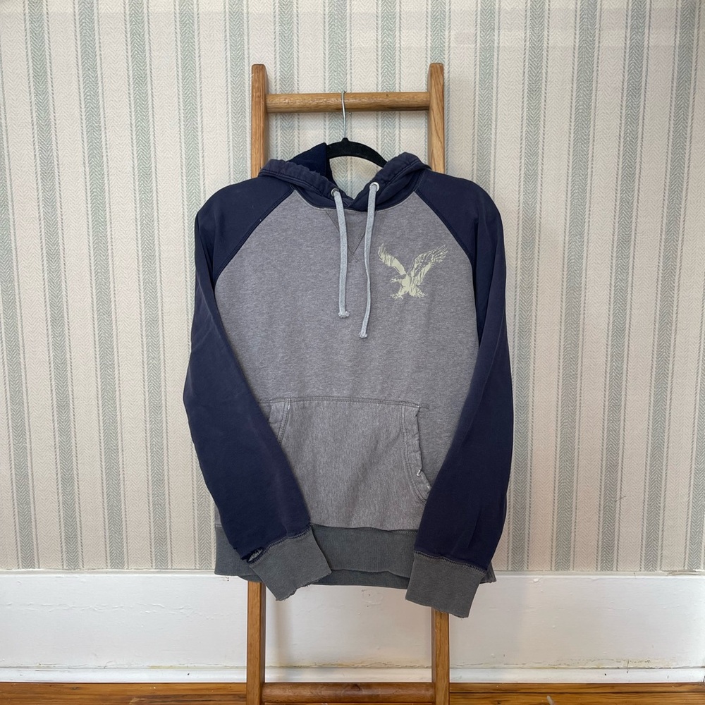 American Eagle Outfitters Y2K Gray and Navy Men's Hoodie
